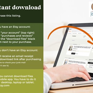 K&ouml;nnte beinhalten: Der Bildschirm eines Laptops zeigt eine Website mit Anweisungen zum Herunterladen digitaler Dateien von Etsy. Der Text auf dem Bildschirm lautet "Download Files" und "Ready to Download".