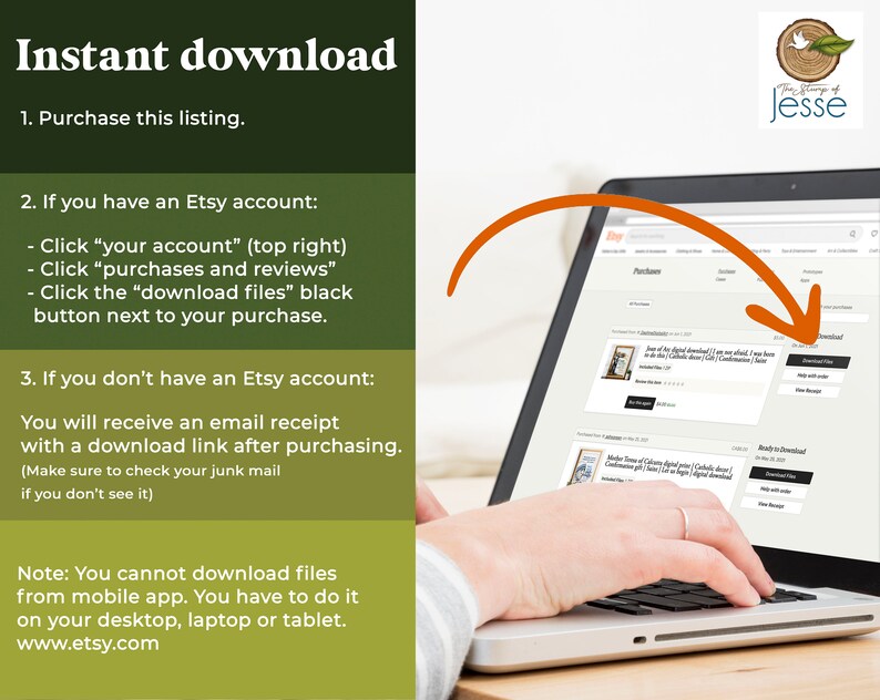 K&ouml;nnte beinhalten: Der Bildschirm eines Laptops zeigt eine Website mit Anweisungen zum Herunterladen digitaler Dateien von Etsy. Der Text auf dem Bildschirm lautet "Download Files" und "Ready to Download".