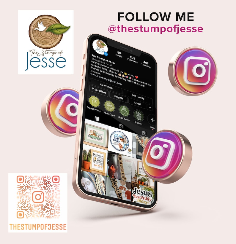 Może przedstawiać: Zrzut ekranu strony profilowej na Instagramie dla "The Stump of Jesse". Zdjęcie profilowe to zielony liść z białą gołębicą. Profil ma 59 post&oacute;w, 275 obserwujących i 401 os&oacute;b, kt&oacute;re obserwują. Biografia profilu brzmi "Shopping & Retail. Hi I'm Marlene. Jesus is the ... Learning from our friends in heaven by spreading their virtues and wisdom. www.thestumpojeste.com". Profil ma przycisk "View Shop". Profil ma r&oacute;wnież siatkę dziewięciu obraz&oacute;w, w tym zdjęcie drzewa Jezusa, zdjęcie naklejki Jesus Yesterday Today i zdjęcie ramki ze zdjęciem samochodu.