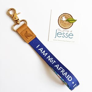 St Joan of Arc Wristlet Keychain I Am Not Afraid Catholic Gift Women Confirmation Key Fob Floral Cotton Webbing Warrior Saint Courage
