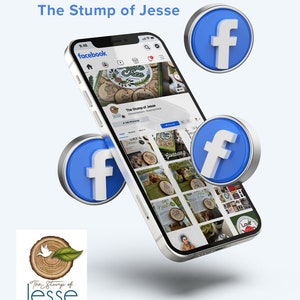 K&ouml;nnte beinhalten: Ein wei&szlig;es Smartphone mit der blauen Facebook-App ge&ouml;ffnet, die eine Unternehmensseite f&uuml;r "The Stump of Jesse" anzeigt. Das Telefon ist von drei blauen Facebook-Symbolen umgeben.