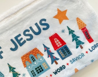 The Names of Jesus Velveteen Plush Blanket | Christmas gift for baby | Catholic gift | Christian gift | Blanket | Baby blue | Godson |