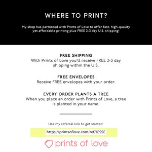 K&ouml;nnte beinhalten: Eine wei&szlig;e Textgrafik auf schwarzem Hintergrund mit dem Text "WHERE TO PRINT?" und "My shop has partnered with Prints of Love to offer fast, high-quality yet affordable printing plus FREE 2-3 day U.S. shipping!"  Unter dem Text befindet sich eine wei&szlig;e Grafik mit dem Text "FREE SHIPPING", "With Prints of Love you'll receive FREE 2-3 day shipping within the U.S.", "FREE ENVELOPES", "Receive FREE envelopes with your order.", "EVERY ORDER PLANTS A TREE", "When you place an order with Prints of Love, a tree is planted in your name.", "Use my referral link to get started: https://printsoflove.com/ref/JESSE", und ein rosa Herz mit dem Text "prints of love".