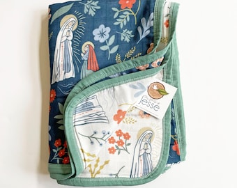 Our Lady of Lourdes and St. Bernadette Luxury Double sided Muslin  8 Layer Quilt | Catholic gift | Catholic blanket | Baby Blanket | Baptism