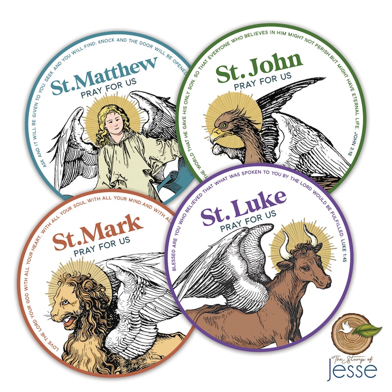 Symbols of the Four Evangelist Sticker Pack Catholic Stickers Confirmation Gift St. Mark St. John St. Matthew St. Luke image 1