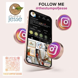 May include: A screenshot of an Instagram profile page for "The Stump of Jesse". The profile picture is a green leaf with a white dove. The profile has 59 posts, 275 followers, and 401 people following. The profile bio says "Shopping & Retail. Hi I'm Marlene. Jesus is the... Learning from our friends in heaven by spreading their virtues and wisdom. www.thestumpojeste.com". The profile has a "View Shop" button. The profile also has a grid of nine images, including a picture of a Jesus tree, a picture of a Jesus Yesterday Today sticker, and a picture of a Jesus Christ sticker. The profile also has a QR code that says "THESTUMPOFJESSE".