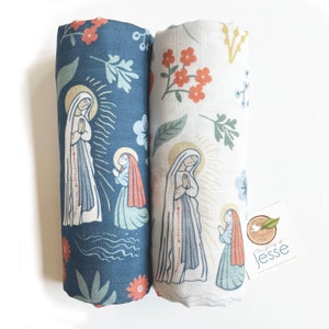 Our Lady of Lourdes and St. Bernadette Muslin Deluxe Swaddle | Catholic gift | Baptism | Virgin Mary blanket | Catholic Swaddle