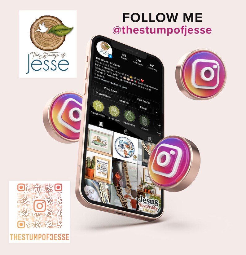 K&ouml;nnte beinhalten: Ein Screenshot einer Instagram-Profilseite f&uuml;r "The Stump of Jesse". Das Profilbild ist ein gr&uuml;nes Blatt mit einer wei&szlig;en Taube. Das Profil hat 59 Beitr&auml;ge, 275 Follower und 401 Personen, die ihm folgen. Die Profilbiografie lautet "Shopping & Retail. Hi I'm Marlene. Jesus is the ... Learning from our friends in heaven by spreading their virtues and wisdom. www.thestumpojeste.com". Das Profil hat einen "Shop ansehen"-Button. Das Profil hat auch ein Raster mit neun Bildern, darunter ein Bild eines Jesus Yesterday Today-Aufklebers, ein Bild eines Jesse-Baums und ein Bild eines digitalen Drucks. Das Profil hat auch einen QR-Code, der "THESTUMPOFJESSE" sagt.