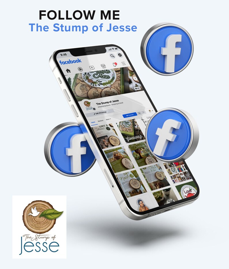 May include: A white smartphone with a blue Facebook app open, displaying a business page for "The Stump of Jesse". The phone is surrounded by three blue Facebook icons.