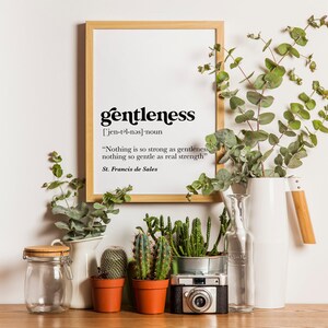 K&ouml;nnte beinhalten: Ein gerahmter Druck mit dem Wort "gentleness" definiert und einem Zitat von St. Franz von Sales. Der Druck ist umgeben von Topfpflanzen, darunter Sukkulenten und Eukalyptus, und einem wei&szlig;en Krug mit einem Holzgriff.