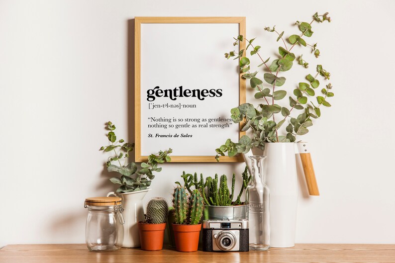 K&ouml;nnte beinhalten: Ein gerahmter Druck mit dem Wort "gentleness" definiert und einem Zitat von St. Franz von Sales. Der Druck ist umgeben von Topfpflanzen, darunter Sukkulenten und Eukalyptus, und einem wei&szlig;en Krug mit einem Holzgriff.
