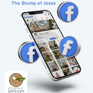 Może przedstawiać: Biały smartfon z otwartą niebieską aplikacją Facebook, wyświetlającą stronę firmową "The Stump of Jesse". Telefon jest otoczony trzema niebieskimi ikonami Facebooka.