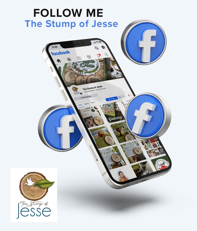 Może przedstawiać: Biały smartfon z otwartą niebieską aplikacją Facebook, wyświetlającą stronę firmową "The Stump of Jesse". Telefon jest otoczony trzema niebieskimi ikonami Facebooka.