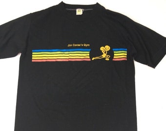 Vintage 1980’s Jim Corea Gym T-shirt Black Size Medium Rainbow Logo Velva Sheen