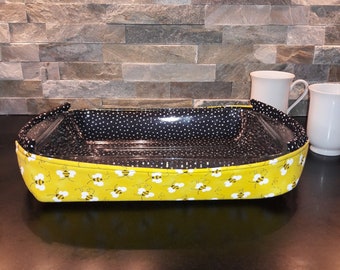 Cute Bumblebee 9x13" Hot Dish Holder, Quilted and Insulated Casserole Carrier with Handles, Folds Flat, Ready to Ship
