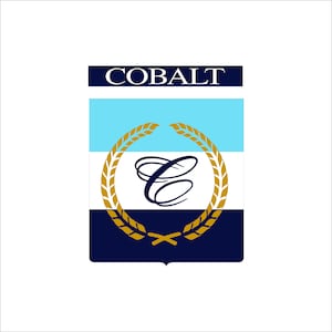 Könnte beinhalten: Ein blauer, weißer und marineblauer Schild mit einem goldenen Lorbeerkranz, der einen marineblauen Buchstaben C umgibt. Der Text "COBALT" befindet sich über dem Schild.