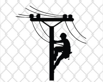 May include: Silhouette of a worker climbing a utility pole with power lines overhead. The worker is wearing a hard hat and safety gear.
