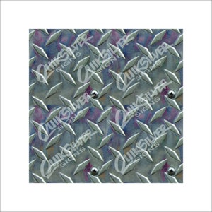 May include: A close-up of a silver metal sheet with a diamond plate pattern. The sheet is textured and has a reflective surface. The text "QuikSilver Signs" is repeated throughout the image.
