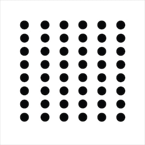 May include: A black and white image of a pattern of 12 rows of 5 black circles each.