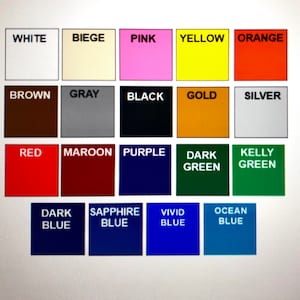 May include: A color chart with 18 different color swatches. The colors are labeled with their names, including white, beige, pink, yellow, orange, brown, gray, black, gold, silver, red, maroon, purple, dark green, kelly green, dark blue, sapphire blue, vivid blue, and ocean blue.
