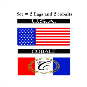 May include: Set of two flags and two cobalt emblems. The flags are the American flag and a French-style flag with a gold "C" in the center. The text "U.S.A." and "COBALT" are printed in black.