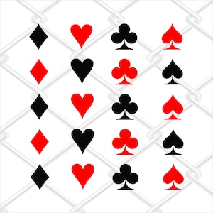May include: A set of playing card symbols in black and red. The symbols are arranged in three columns, with diamonds, hearts, clubs, and spades in each column.