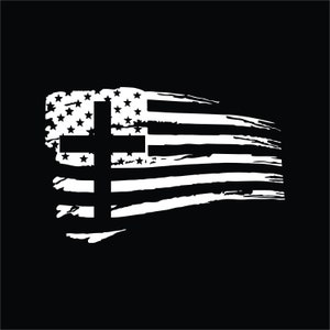 AMERICAN FLAG ~ TATTERED ~ with Cross Decal.  Free Shipping.