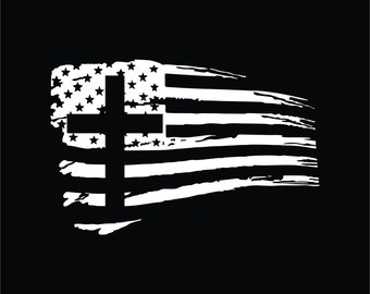 AMERICAN FLAG ~ TATTERED ~ with Cross Decal.  Free Shipping.