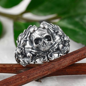 Unique mens pirate skull ring, Sterling silver biker ring, Skeleton pirate ring, pirate jewelry, skull ring for men image 1