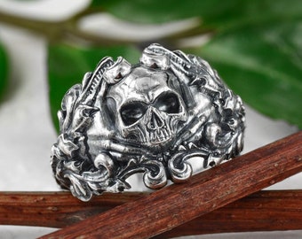 Unique mens pirate skull ring, Sterling silver biker ring, Skeleton pirate ring, pirate jewelry, skull ring for men