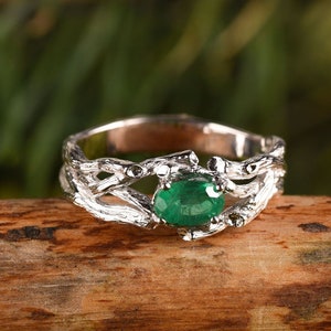 Tree bark wedding ring, Branch engagement ring, Emerald engagement ring women