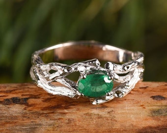 Women's Sterling Silver Engagement Ring with Natural Emerald and Bark Finish