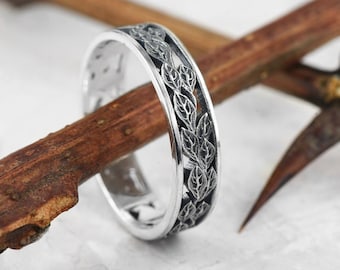 Leaf matching mens wedding nature inspired band or engagement sterling silver twig ring for him: best friend, boyfriend, anniversary gift