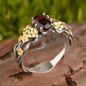 Filigree garnet floral tree branches wedding band with unique flower nature design: sterling silver engagement personalized ring for her