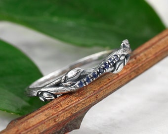 Sterling Silver Sapphire Twig Ring, Blue sapphire tree branch ring, Unique vintage style real sapphire ring, Silver leaf ring