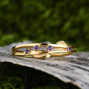 February birthstone leaf ring, Gold vermeil witchy rings, Aesthetic dainty rings for women, Gifts for her