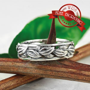 Sterling Silver Elvish Promise Ring - Fantasy Forest Elven Engagement Ring -  Unique Nature Leaf Gemstone Birthday Anniversary Present Ring