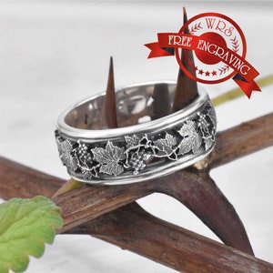 Sterling silver vine, grape and leaves ring as wine lover gift: 925 silver boho ring as anniversary or bridal shower gift for a nature lover