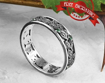 925 Sterling Silver Natural Gemstone Emerald Ring - Artcarved Nature Floral Leaf Pattern Wedding Band for Women - Handmade Anniversary Gifts
