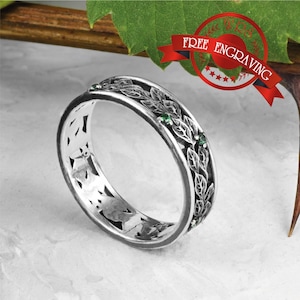 925 Sterling Silver Natural Gemstone Emerald Ring - Artcarved Nature Floral Leaf Pattern Wedding Band for Women - Handmade Anniversary Gifts