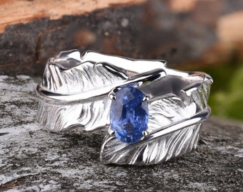 925 Sterling Silver Blue Sapphire Angel Feather Engagement Gemstone Ring - Unique Design Open Cool Gifts Rings for Women