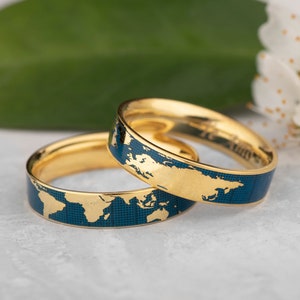 World map couples matcning rings - personalized custom engraved gold vermeil enamel globe and ocean ring: long distance relationship gift