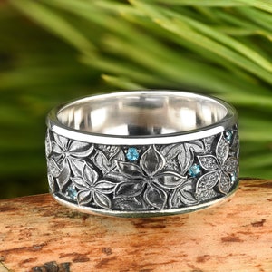 Blue topaz band ring, Flower thick silver ring, Silver petal ring, Wedding band silver women vintage