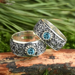 Unique promise rings for couples, Matching rings with blue topaz, Blue acceny mens and womens wedding band