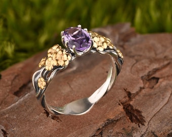 Amethyst Engagement Ring - Delicate Leaf Vine Flower Ring - Unique Nature Design Ring - Flower Pattern Cool Ring  Gift