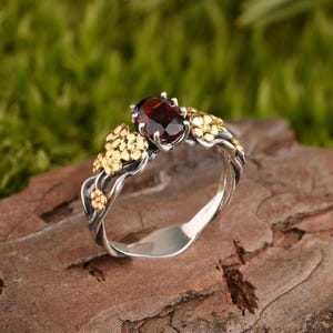 Filigree Garnet Floral Ring: Sterling Silver Nature Wedding Band
