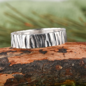 Tree bark silver ring, textured minimal band, woodland & rustic wedding jewelry