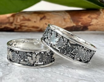 Maple Leaf Wedding Bands Set • Matching Tree Rings for Couples • Sterling Silver Nature Rings • Fall Forest Jewelry for Him & Her
