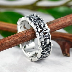 High detailed fantasy forest elvish silver gemstone ring: branch tree of life twig engagement ring for women or a nature ring gift for her