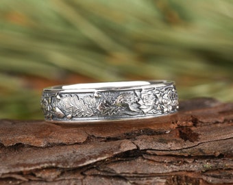 Rose & oak leaf ring, Druid silver band, woodland wedding jewelry, custom engraved chunky ring